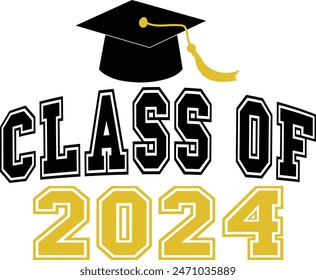 Graduation class of 2024 typography clip art design on plain white transparent isolated background for card, shirt, hoodie, sweatshirt, apparel, tag, mug, icon, poster or badge