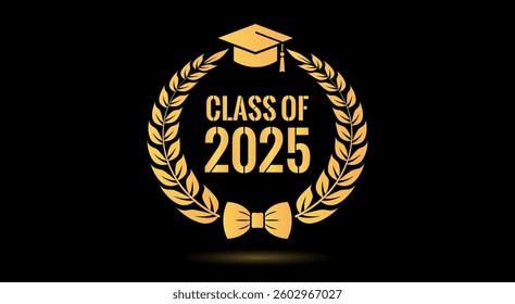 Graduation class of 2025 year education icon isolated on black background. Laurel wreath vector emblem for academic web design. High school or university graduation greeting card creative design.