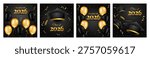 Graduation Class of 2026 black and gold cards set with mortarboard, balloons and confetti vector illustration
