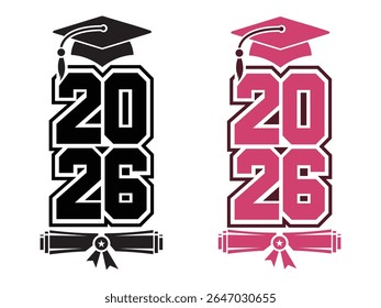 Graduation Class of 2026 Design with Cap and Diploma Black and Pink
