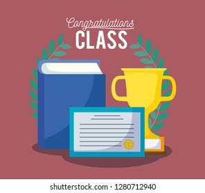 graduation class celebration card with diploma and trophy
