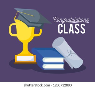graduation class celebration card with hat and trophy