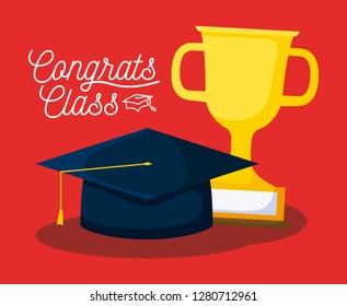 graduation class celebration card with hat and trophy