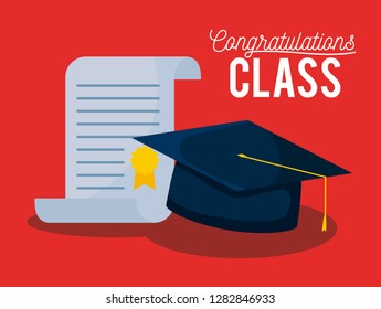 graduation class celebration card with hat and diploma