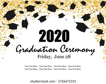 Graduation Class Ceremony Of 2020 Greeting Cards Set With Graduate Hats In The Air Gold Confetti. Vector Grad Party Invitation Poster