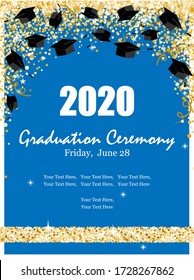 Graduation Class Ceremony of 2020 greeting cards set with graduate hats in the air gold confetti. Vector grad party invitation poster.