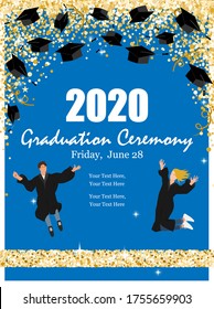 Graduation Class Ceremony of 2020 greeting cards set with happy graduates, graduate hats in the air gold confetti. Vector grad party invitation poster.