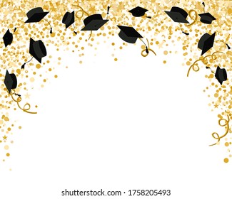 Graduation Class Ceremony of 2020 greeting cards set with graduate hats in the air gold confetti. Vector grad party invitation poster