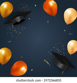 Graduation class party blue background with graduation cap hat and confetti. Vector Illustration EPS10
