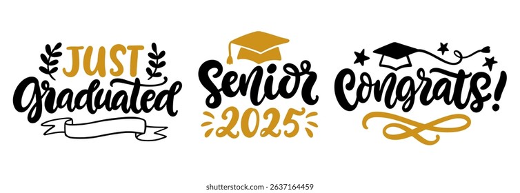 Graduation class phrase label hand drawn vector lettering Collection. University, school, academy banner templates set. Typography greeting, invitation card, sticker, party design, poster