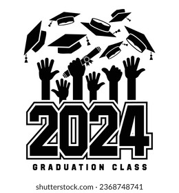 Afiche de la clase de graduación de 2024 para saludos, tarjeta de invitación, diseño de graduación, camiseta, colegio de secundaria de fiesta o graduado universitario. Los graduados tiran gorros académicos cuadrados. Vector 