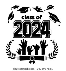 Graduation class poster of 2024 for greeting, invitation card, graduation design, T-shirt, party high school or college graduate. Graduates hands throw up square academic caps. Vector on transparent b