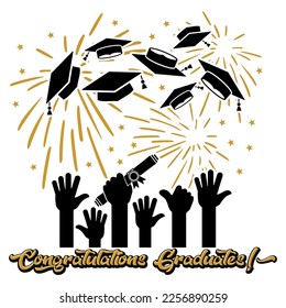 Graduation class poster for greeting, invitation card, graduation design, T-shirt, party high school or college graduate. Graduates hands throw up square academic caps. Vector on transparent backgroun