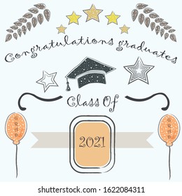 Graduation Class of Two Thousand 21. Congratulations Graduates. Dark Background with Golden Elements. Golden Graduation Collection. Vector Illustration