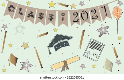 Graduation Class of Two Thousand 21. Golden Elements with Dark Background. Graduation Party. Flat Design. Balloons, stars, graduation caps, serpentine, confetti, etc. Rich Golden Style