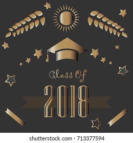 Graduation Class of Two Thousand Eighteen. Dark Background with Golden Elements. Rich Golden Graduation Collection. Vector Illustration