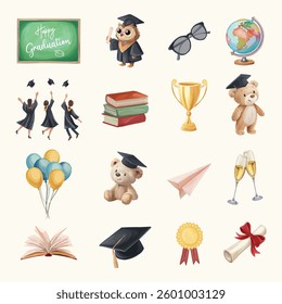 Graduation collection with educational elements featuring a bear and owl in an academic gown, trophy, diploma, balloons, and books, perfect for school and student-themed designs