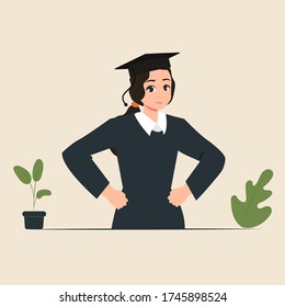 Graduation college girl character pose illustration flat design, Happy young graduate student girl in graduation gown jumping and throwing the mortarboard high into the air. Flat vector illustration 