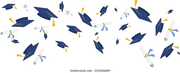 Graduation color background. University graduate cap with diploma. Graduation gown. Flat vector illustration.