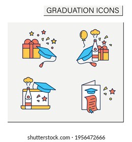 Graduation color icons set. Graduation party, gift, online party, card. Studying concept. Isolated vector illustrations