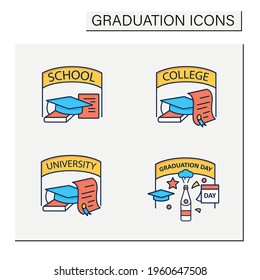 Graduation color icons set. School, college, university graduation. Studying concept. Isolated vector illustrations