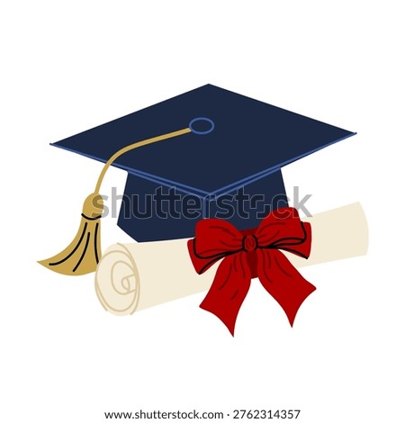 Graduation composition with cap, diploma scroll, and red bow. For academic celebration design, invitations, certificates and education materials.