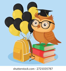 Composição de graduação com personagem coruja usando chapéu acadêmico com balões de pilha de livros e saco de escola design vibrante