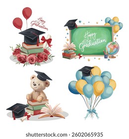 Graduation compositions for greeting card with academic hat, stack of books, diploma, and balloons, perfect for school celebrations and achievements