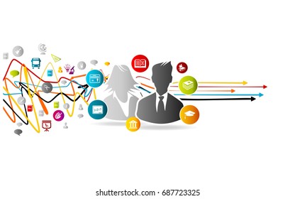 Graduation concept with colorful education icons and couple silhouettes over tangled lines with arrows pointing right