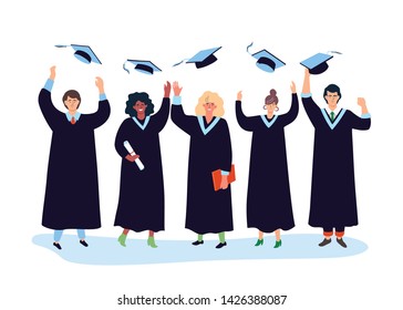 Graduation concept - colorful flat design style illustration. A composition with international students in mantles throwing academic caps in the air, celebrating, holding diplomas. Education theme