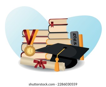 Graduation, the concept of congratulations on an important event. Graduation cap with books, gold medal and scroll.