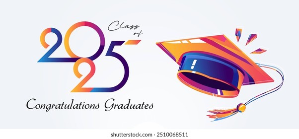 Graduation concept design. Congratulations graduates for the class of 2025. Background is equipped with a hat element as a symbol of graduation. Design congratulates the class of 2025 graduate