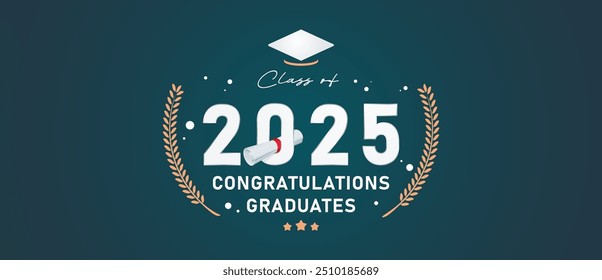 Graduation concept design. Congratulations graduates for the class of 2025. Background is equipped with a hat element as a symbol of graduation. Design congratulates the class of 2025 graduate