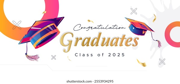 Graduation concept design. Congratulations graduates for the class of 2025. Background is equipped with a hat element as a symbol of graduation. Design congratulates the class of 2025 graduate