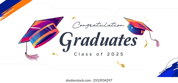 Graduation concept design. Congratulations graduates for the class of 2025. Background is equipped with a hat element as a symbol of graduation. Design congratulates the class of 2025 graduate