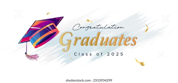 Graduation concept design. Congratulations graduates for the class of 2025. Background is equipped with a hat element as a symbol of graduation. Design congratulates the class of 2025 graduate