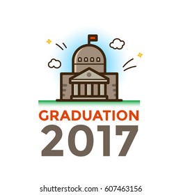 Graduation concept design with school building, line art vector illustration