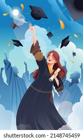 Graduation Concept with Female Student Throwing Hat in The Air Vector.