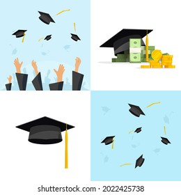 Graduation concept with flying caps and hats, idea of education tuition achievement earnings or study cost flat cartoon illustration set, learning loan or financial knowledge wealth 