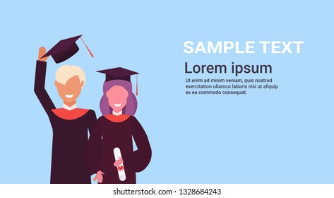 graduation concept girl and boy students standing together in cap and gown happy male female cartoon characters portrait blue background cpy space horizontal