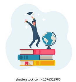 Graduation concept. Happy graduate guy throws up a graduate hat. Standing on top of education as a graduation symbol. Vector illustration flat design. Isolated on white background.
