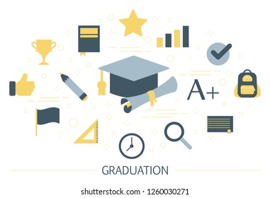 Graduation concept. Idea of education and knowledge. Univeristy or college graduate. Wisdom and achievement. Set of colorful icons. Isolated flat vector illustration