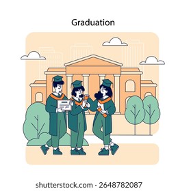 Conceito de graduação. Ilustração de três estudantes felizes em vestes de graduação e bonés, segurando diplomas em frente a uma universidade.