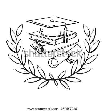 Graduation concept line art graduation cap, books, diploma, and laurel wreath symbolizing academic achievement and education success. Suitable for university,school,learning themes.Vector illustration