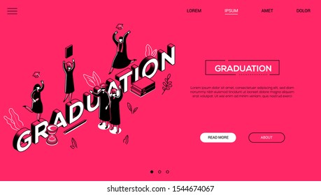Graduation concept - line design style isometric web banner on red background with copy space for text. A bright website header with male, female students in academic caps and mantles celebrating