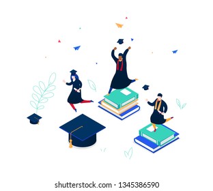 Graduation concept - modern colorful isometric vector illustration on white background. A composition with international students in academic caps and mantles, celebrating, holding diplomas, jumping