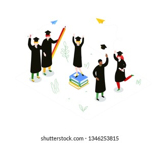 Graduation concept - modern colorful isometric vector illustration on white background. A composition with happy international students in academic caps and mantles, celebrating, holding diplomas