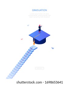 Graduation concept - modern isometric vector web banner on white background with copy space for text. An image of a graduating student on an academic cap, holding a certificate. Education theme
