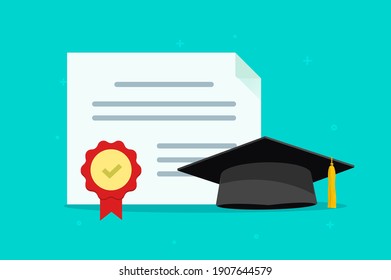 Graduation tuition diploma concept vector flat cartoon illustration, education college university hat with granted document certificate, idea of study learning achievement, congratulation modern