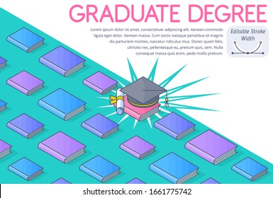 A graduation concept vector Illustration. A lot of books, textbooks, square academic cap, diploma. A graduate degree, college course, higher school, graduate school education. 3d isometric pattern. 